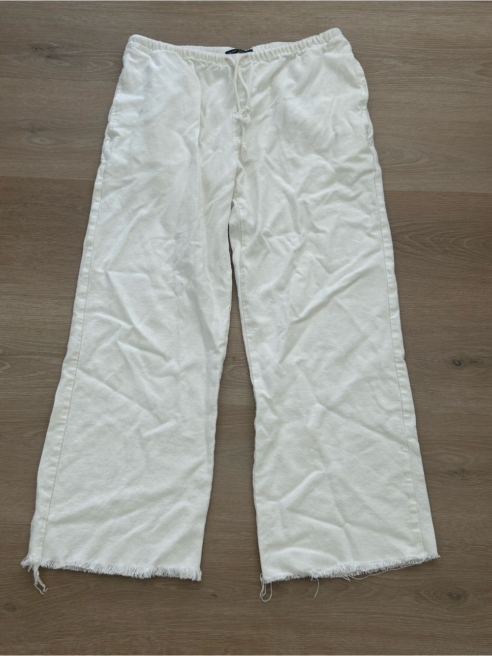 Brandy Melville Cream Drawstring Wide-Leg Lounge Pants Raw Hem